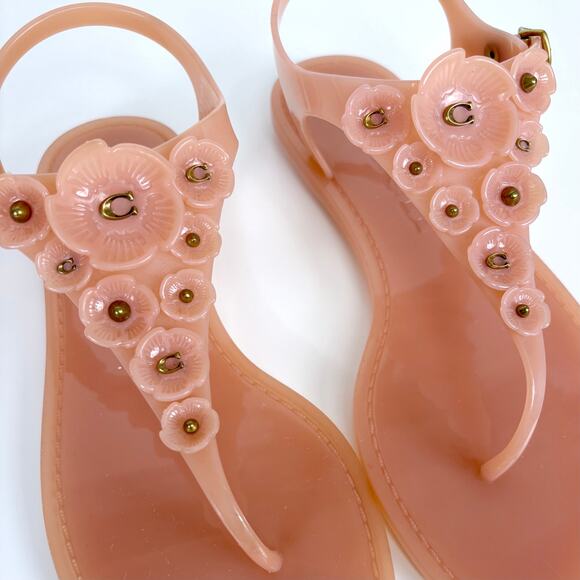 Coach Tea Rose Jelly Flat Floral Studded Sandals Size 7 Feminine Dainty Vacation - Picture 4 of 9